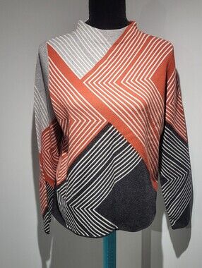 Gerry Weber Women's Mockneck Geometric Stripe Print Sweater Medium Orange Grey